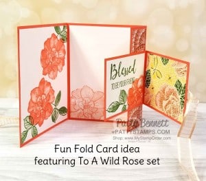 Stampin' UP! To a Wild Rose stamp set and Mosaic Mood designer paper fun fold card idea. www.PattyStamps.com