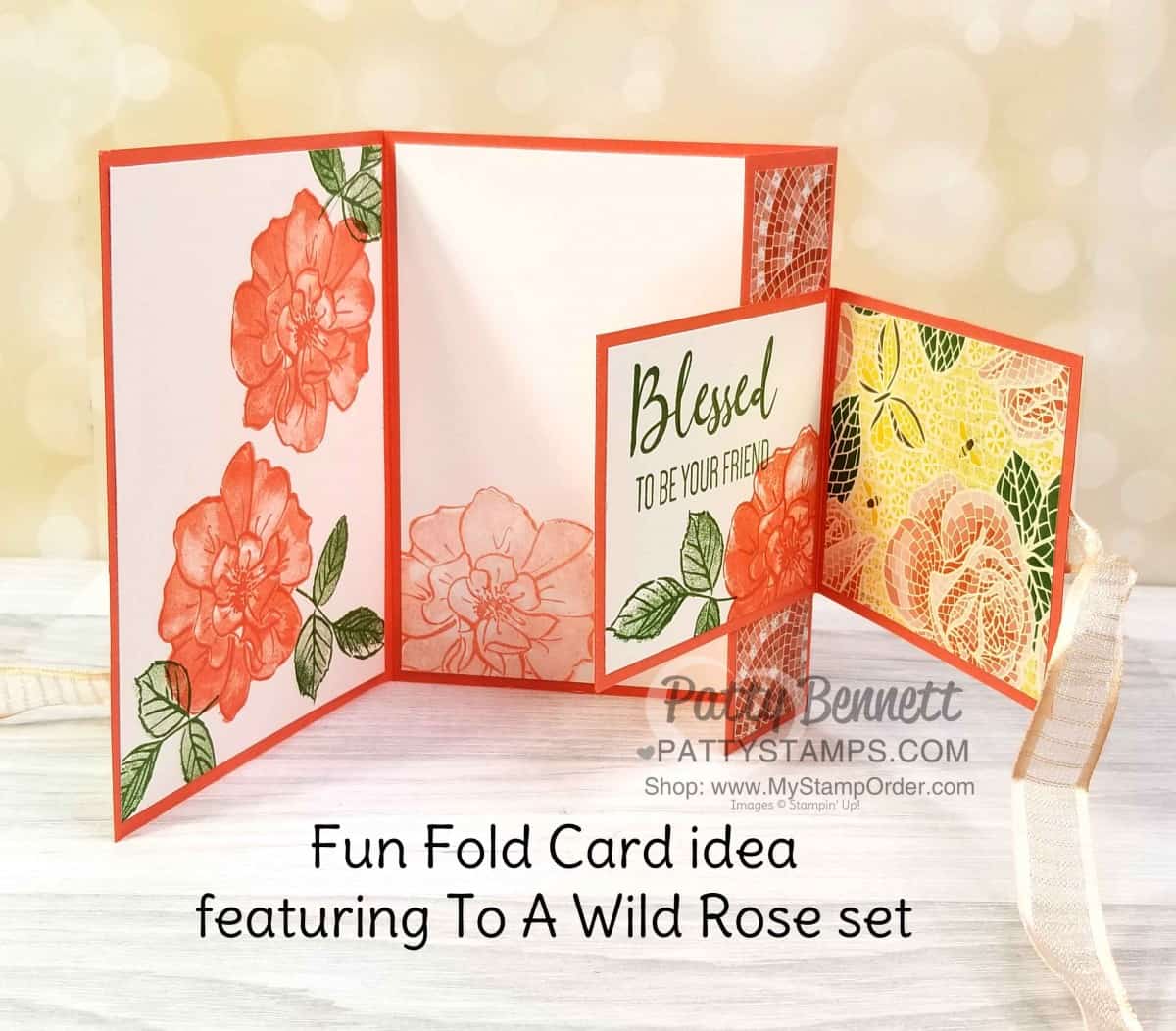 Stampin' UP! To a Wild Rose stamp set and Mosaic Mood designer paper fun fold card idea. www.PattyStamps.com