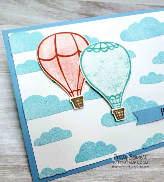 Above the Clouds hot air balloon bundle and punch from Stampin' Up!. Card idea with Shimmery White embossing paste and cloud stencil. www.PattyStamps.com