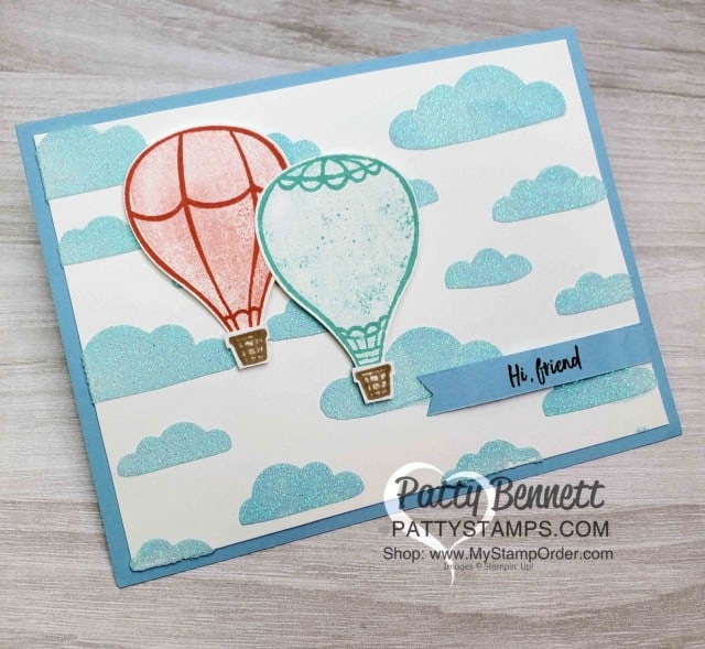 Above the Clouds hot air balloon bundle and punch from Stampin' Up!. Card idea with Shimmery White embossing paste and cloud stencil. www.PattyStamps.com