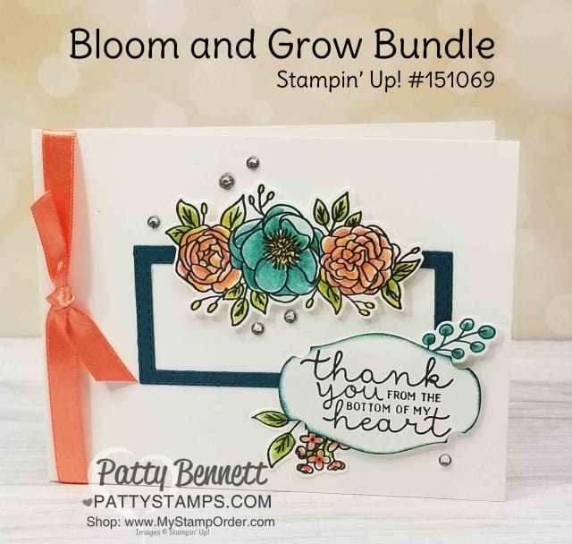 Bloom and Grow Stamp Set and Die bundle from Stampin' Up! Thank you card idea featuring coloring with Stampin' Blends markers. www.PattyStamps.com