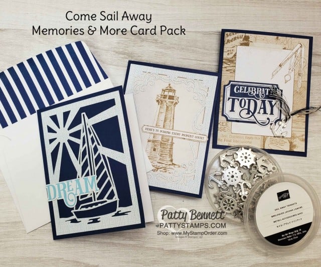 Stampin' Up! Come Sail Away nautical Memories & More card pack paired with Happiness Blooms cards & envelopes! Patty Bennett, www.PattyStamps.com