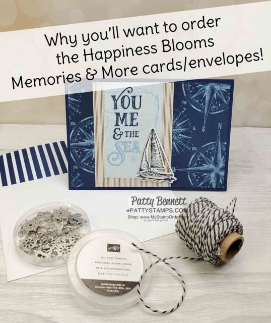 Stampin' Up! Come Sail Away nautical Memories & More card pack paired with Happiness Blooms cards & envelopes!  Patty Bennett, www.PattyStamps.com