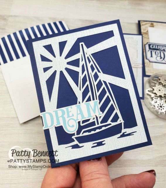 Amazing laser cut sailboat image from the Stampin' Up! Come Sail Away nautical Memories & More card pack paired with Happiness Blooms cards & envelopes! Patty Bennett, www.PattyStamps.com