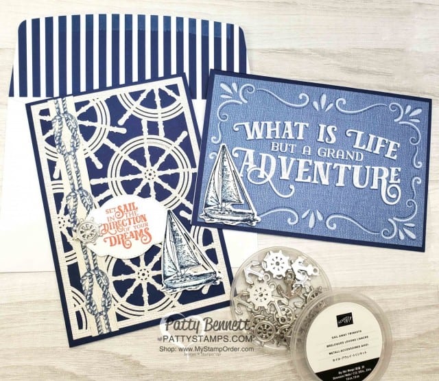 Stampin' Up! Come Sail Away nautical Memories & More card pack paired with Happiness Blooms cards & envelopes! Patty Bennett, www.PattyStamps.com