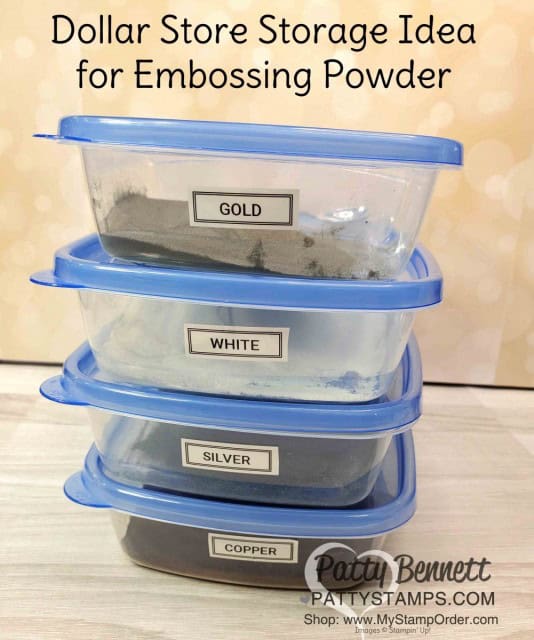 Craft Room Organization TIP: use dual compartment Dollar Store containers to store embossing powder and a spoon!! Label with Brother P-Touch labeler. Stampin' UP! embossing powder available at www.MyStampOrder.com Patty Bennett www.PattyStamps.com