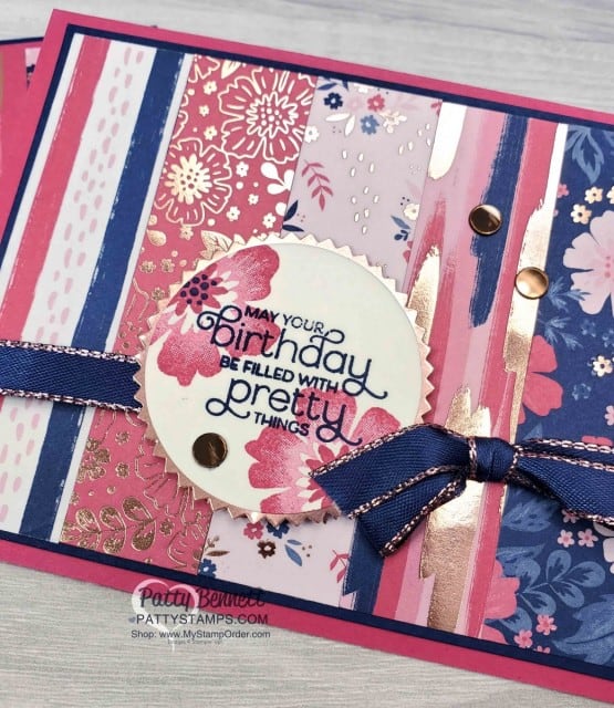 Birthday card: Stampin' UP! limited edition Everything is Rosy card and paper crafting kit featuring rose gold accents, flower stamp set, coordinating dies, paper, accessories and rose gold shimmer paint. www.PattyStamps.com