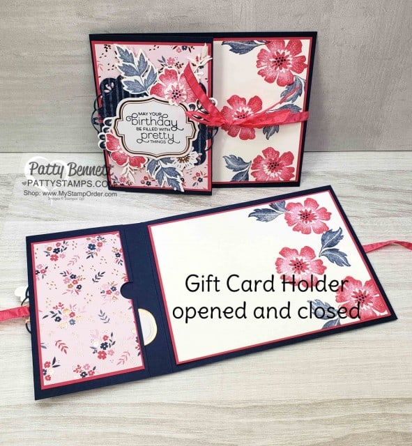 Gift Card holder featuring Stampin' UP! limited edition Everything is Rosy card and paper crafting kit featuring rose gold accents, flower stamp set, coordinating dies, paper, accessories and rose gold shimmer paint. www.PattyStamps.com
