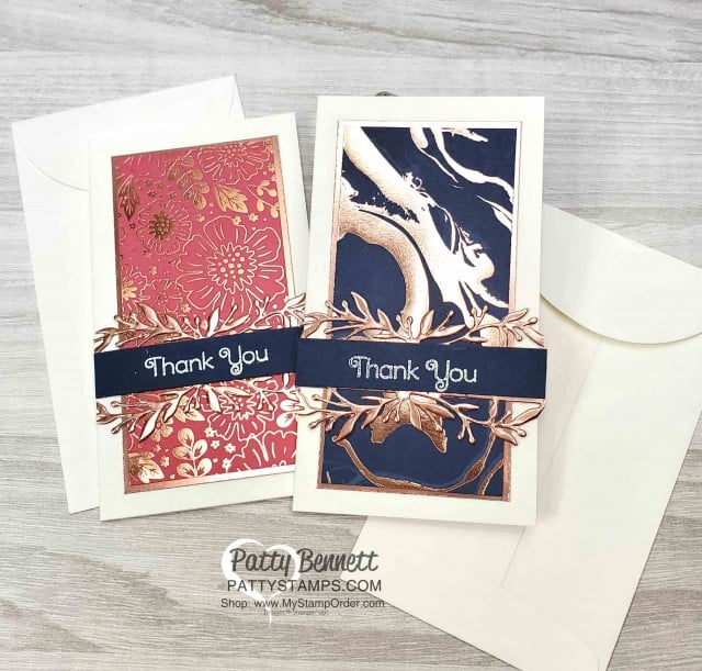 Thank you Narrow Note Cards with Stampin' UP! limited edition Everything is Rosy card and paper crafting kit featuring rose gold accents, flower stamp set, coordinating dies, paper, accessories and rose gold shimmer paint. www.PattyStamps.com