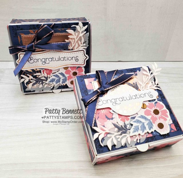 Pizza Boxes with Stampin' UP! limited edition Everything is Rosy card and paper crafting kit featuring rose gold accents, flower stamp set, coordinating dies, paper, accessories and rose gold shimmer paint. www.PattyStamps.com