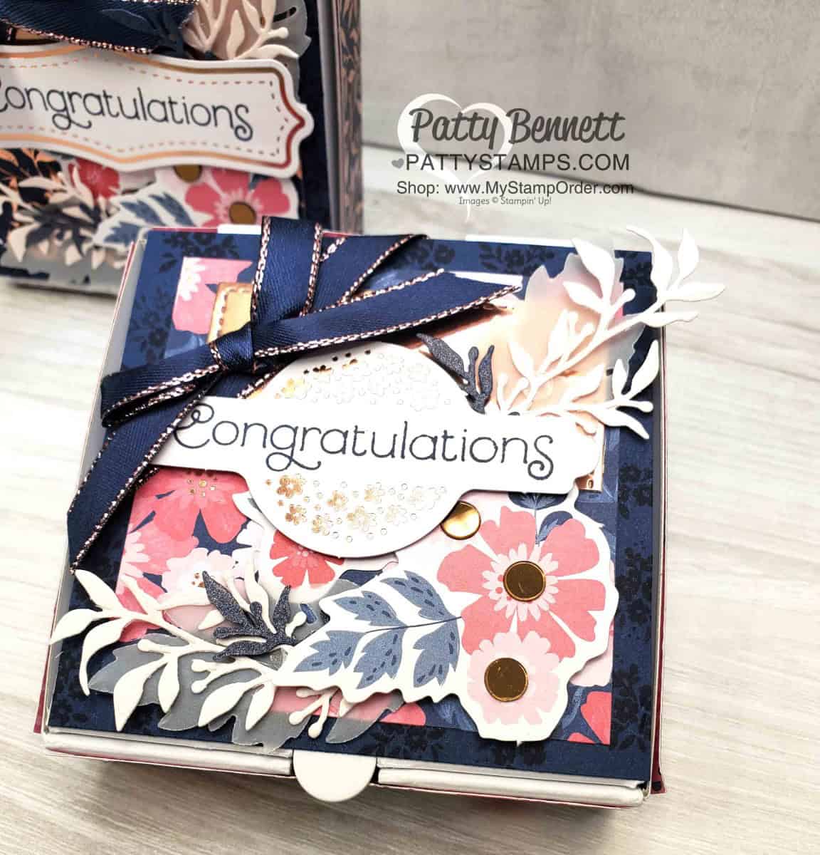 Congratulations pizza box with Stampin' UP! limited edition Everything is Rosy card and paper crafting kit featuring rose gold accents, flower stamp set, coordinating dies, paper, accessories and rose gold shimmer paint. www.PattyStamps.com