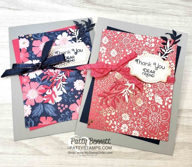 Thank you cards with Stampin' UP! limited edition Everything is Rosy card and paper crafting kit featuring rose gold accents, flower stamp set, coordinating dies, paper, accessories and rose gold shimmer paint. www.PattyStamps.com