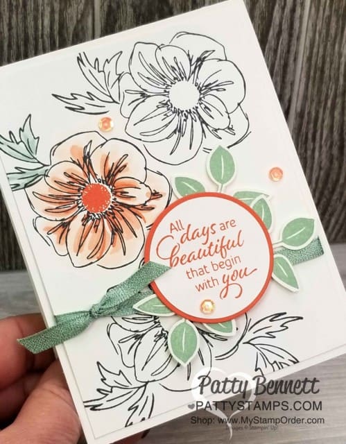 Floral Essence stamp set colored with Stampin' Blends markers from Stampin' UP!, and leaf punch accents. by Patty Bennett, www.PattyStamps.com