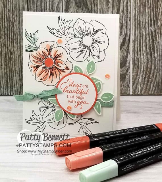 Floral Essence stamp set colored with Stampin' Blends markers from Stampin' UP!, and leaf punch accents. by Patty Bennett, www.PattyStamps.com