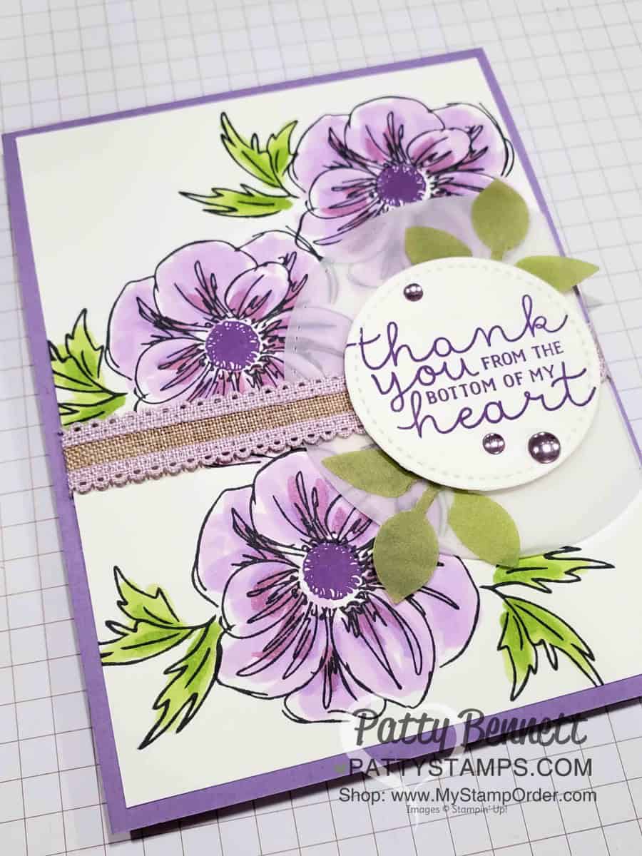Floral Essence stamp set and flower punch bundle from Stampin' UP! Card idea featuring Highland Heather Stampin' Blends markers by Patty Bennett, www.PattyStamps.com