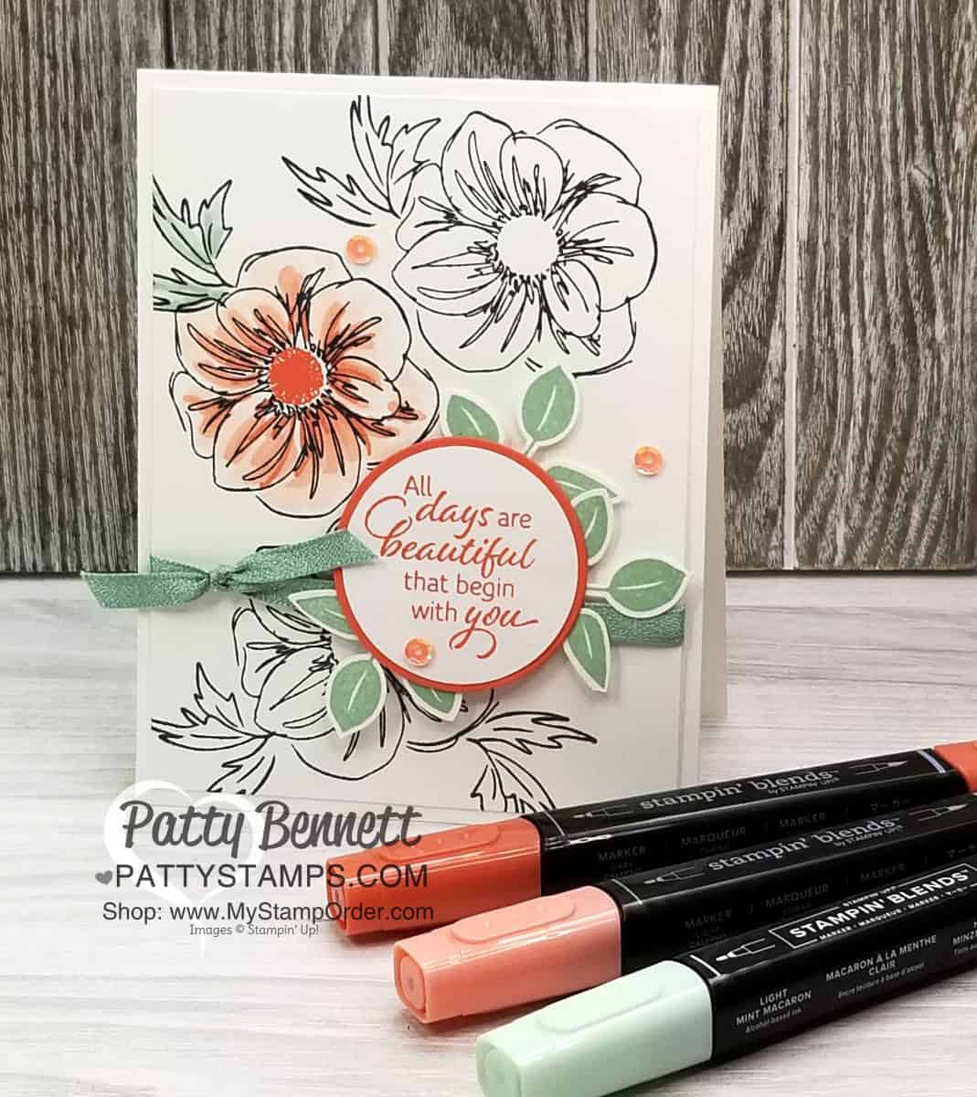 Floral Essence stamp set colored with Stampin' Blends markers from Stampin' UP!, and leaf punch accents. by Patty Bennett, www.PattyStamps.com