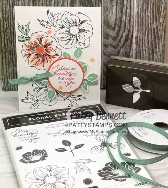 Floral Essence stamp set colored with Stampin' Blends markers from Stampin' UP!, and leaf punch accents. by Patty Bennett, www.PattyStamps.com