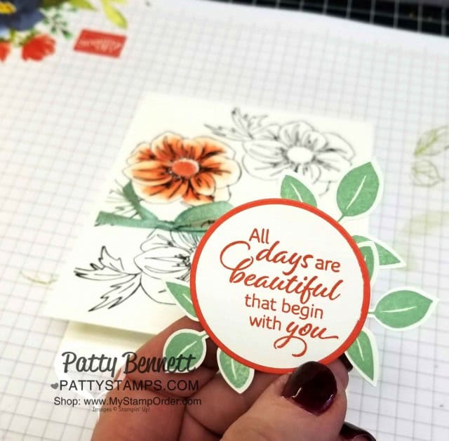 Floral Essence stamp set colored with Stampin' Blends markers from Stampin' UP!, and leaf punch accents. by Patty Bennett, www.PattyStamps.com