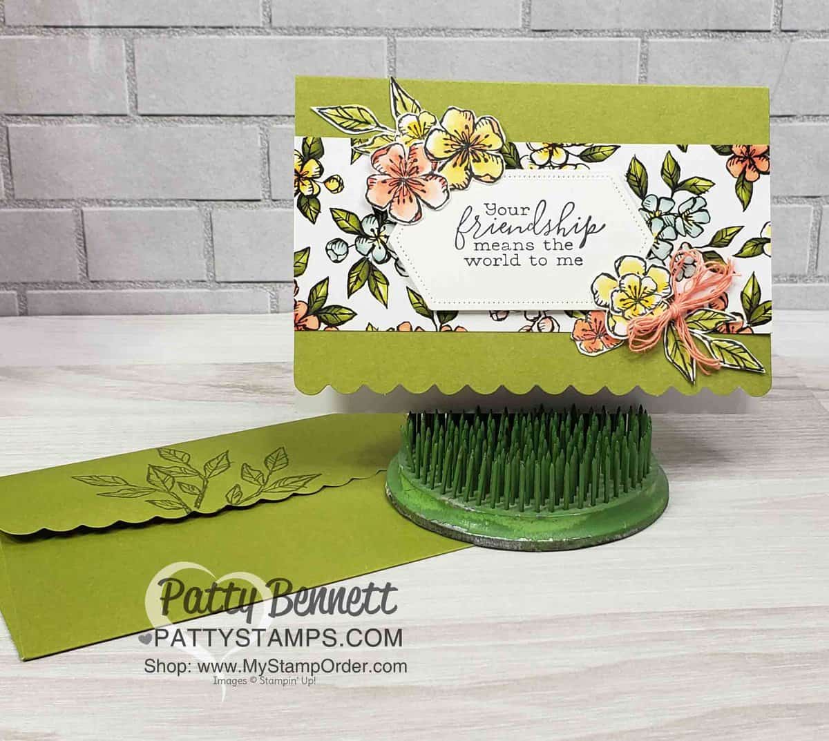 Stampin' UP! Scalloped Note Card with Bird Ballad designer paper and Free as a Bird stamp set. Flowers stamped and colored with Stampin' Blends. Patty Bennett www.PattyStamps.com