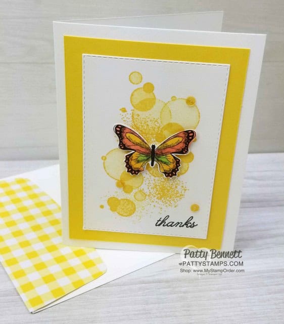 Stampin' UP! Gingham Gala designer paper stack with Beauty Abounds and Butterfly Gala stamp sets. Butterflies colored with Stampin' Blends markers. Thank You note card Idea. www.PattyStamps.com