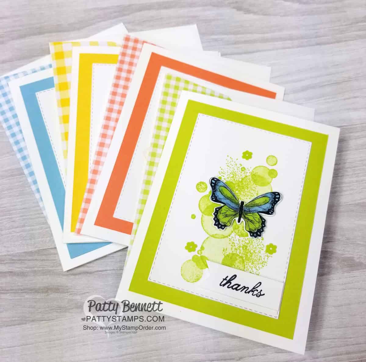 Stampin' UP! Gingham Gala designer paper stack with Beauty Abounds and Butterfly Gala stamp sets. Butterflies colored with Stampin' Blends markers. Thank You note card Idea. www.PattyStamps.com