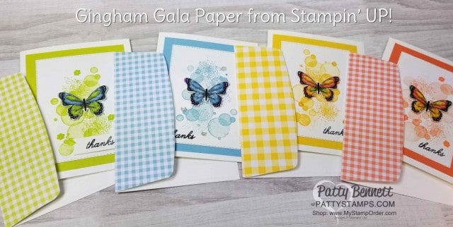 Stampin' UP! Gingham Gala designer paper stack with Beauty Abounds and Butterfly Gala stamp sets. Butterflies colored with Stampin' Blends markers. Thank You note card Idea. www.PattyStamps.com