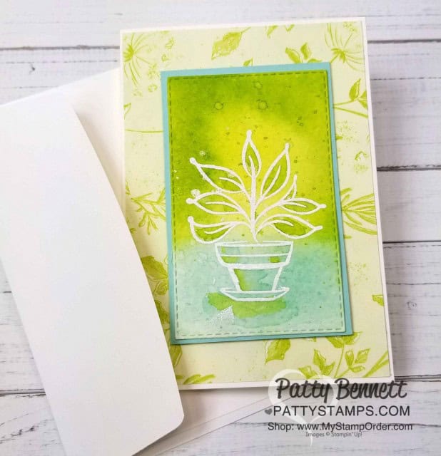 Just Because hostess set from Stampin' UP! - watercolor wash background and heat embossed flower pot image. Created at Kurstan's Crafting Retreat. www.PattyStamps.com