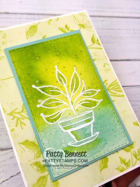 Just Because hostess set from Stampin' UP! - watercolor wash background and heat embossed flower pot image. Created at Kurstan's Crafting Retreat. www.PattyStamps.com