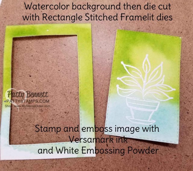 Just Because hostess set from Stampin' UP! - watercolor wash background and heat embossed flower pot image. Created at Kurstan's Crafting Retreat. www.PattyStamps.com