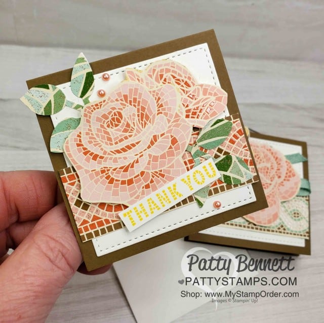 Mosaic Mood designer paper from Stampin' Up!. 3x3 floral card featuring fussy cut flower images from the Mosaic Mood DSP. www.PattyStamps.com