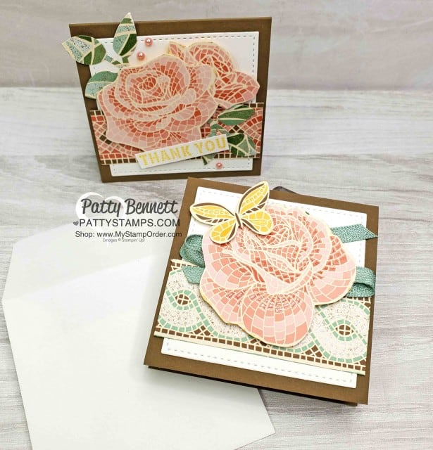 Mosaic Mood designer paper from Stampin' Up!. 3x3 floral card featuring fussy cut flower images from the Mosaic Mood DSP. www.PattyStamps.com