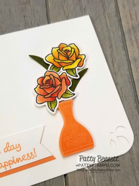 Stampin' UP! Painted Glass stamp set - roses colored with Stampin' Blends markers. Varied Vases stamp set and matching Vases Builder punch. Note Card by Patty Bennett www.PattyStamps.com