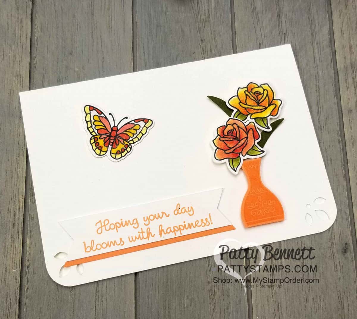 Stampin' UP! Painted Glass stamp set - roses colored with Stampin' Blends markers. Varied Vases stamp set and matching Vases Builder punch. Note Card by Patty Bennett www.PattyStamps.com