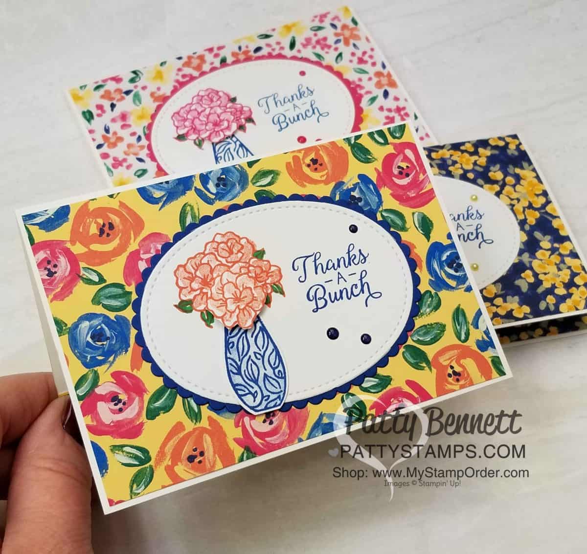 Stampin' UP! Vibrant Vases stamp set and coordinating Vases Builder punch note card idea featuring Garden Impressions designer series paper stack, by Patty Bennett www.PattyStamps.com