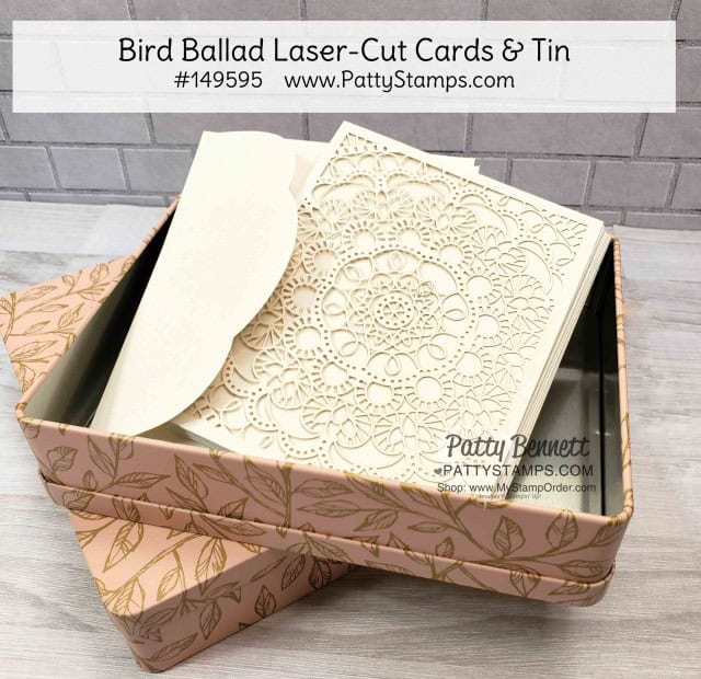 Stampin' UP! Bird Ballad Laser-cut cards with decorative tin. Card Making supplies available at www.PattyStamps.com
