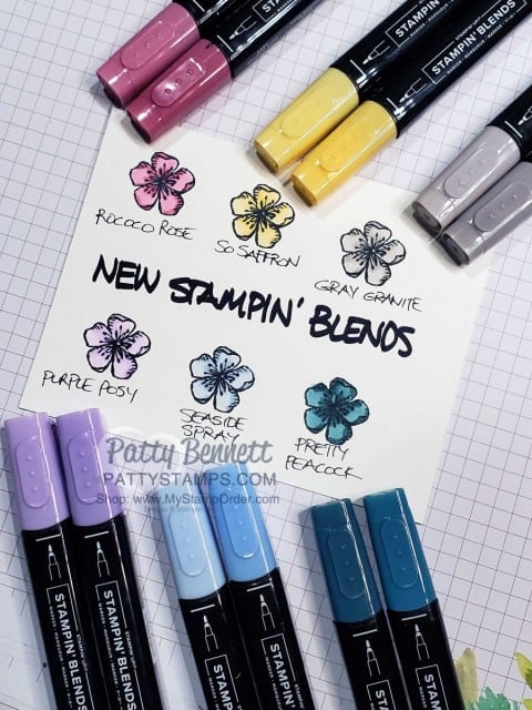 New Stampin' UP! Alcohol Markers colors - Stampin' Blends: Rococo Rose, So Saffron, Gray Granite, Purple Posy, Seaside Spray, Pretty Peacock. www.PattyStamps.com