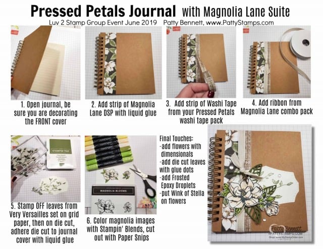 Stampin' UP! Pressed Petals Gratitude Journal cover idea - Luv 2 Stamp Group event June 2019 by Patty Bennett. Magnolia Lane Suite accessories. www.PattyStamps.com