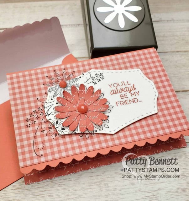 Terracotta Tile Scalloped Note Card with the Stampin' UP! A Little Lace set and Medium Daisy Punch. 6x6 In Color paper stack in Terracotta Tile. www.PattyStamps.com