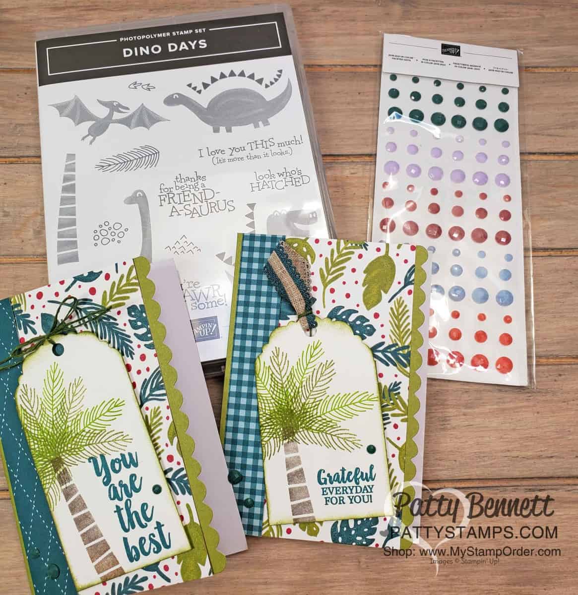 Stampin' Up! Dinoroar Designer Paper scalloped note card idea featuring Dino Roar stamp set palm tree image by Patty Bennett, www.PattyStamps.com