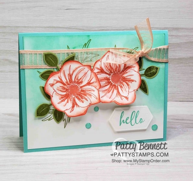 Stampin' UP! Floral Essence stamp set colored with Stampin' Blends markers. Sponged background and leaf punch. www.PattyStamps.com