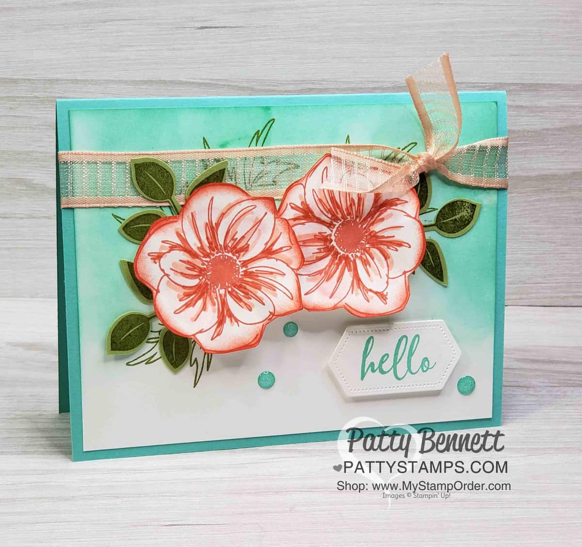 Stampin' UP! Floral Essence stamp set colored with Stampin' Blends markers. Sponged background and leaf punch. www.PattyStamps.com