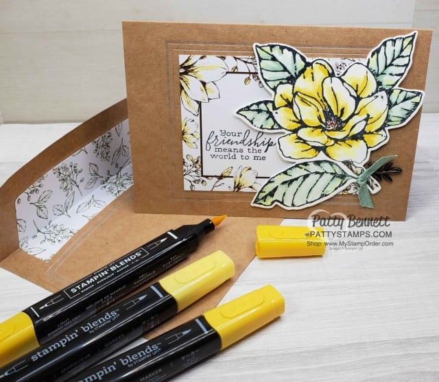 Good Morning Magnolia card idea colored with Stampin' Blends alcohol markers. Memories and More cards/envelopes and Magnolia Lane card pack. by Patty Bennett www.PattyStamps.com