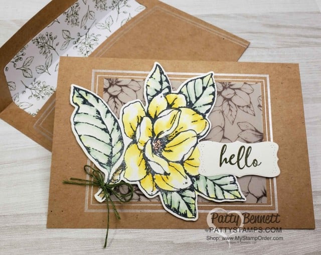 Good Morning Magnolia card idea colored with Stampin' Blends alcohol markers. Memories and More cards/envelopes and Magnolia Lane card pack. by Patty Bennett www.PattyStamps.com