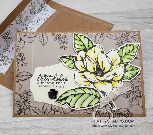 Good Morning Magnolia card idea colored with Stampin' Blends alcohol markers. Memories and More cards/envelopes and Magnolia Lane card pack. by Patty Bennett www.PattyStamps.com