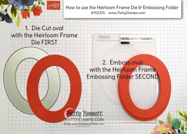 Stampin' UP! Heirloom Frames dies and Embossing folder #152325. Card ideas and how to use this great papercrafting frame combo from the Woven Threads suite by Patty Bennett