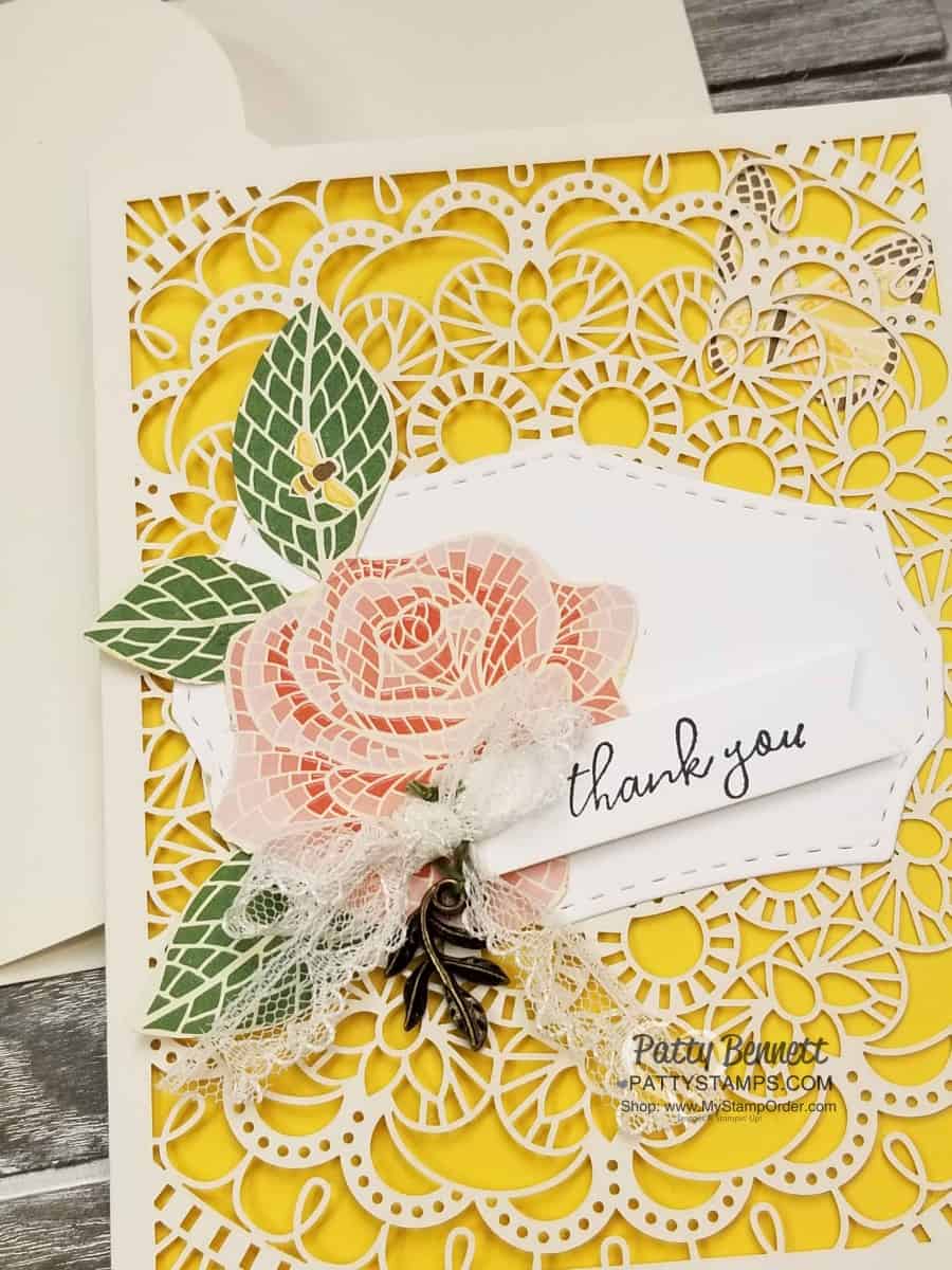 Mosaic Mood designer paper rose, fussy cut with Paper Snips, paired with a Bird Ballad laser cut card from Stampin' UP!. www.PattyStamps.com