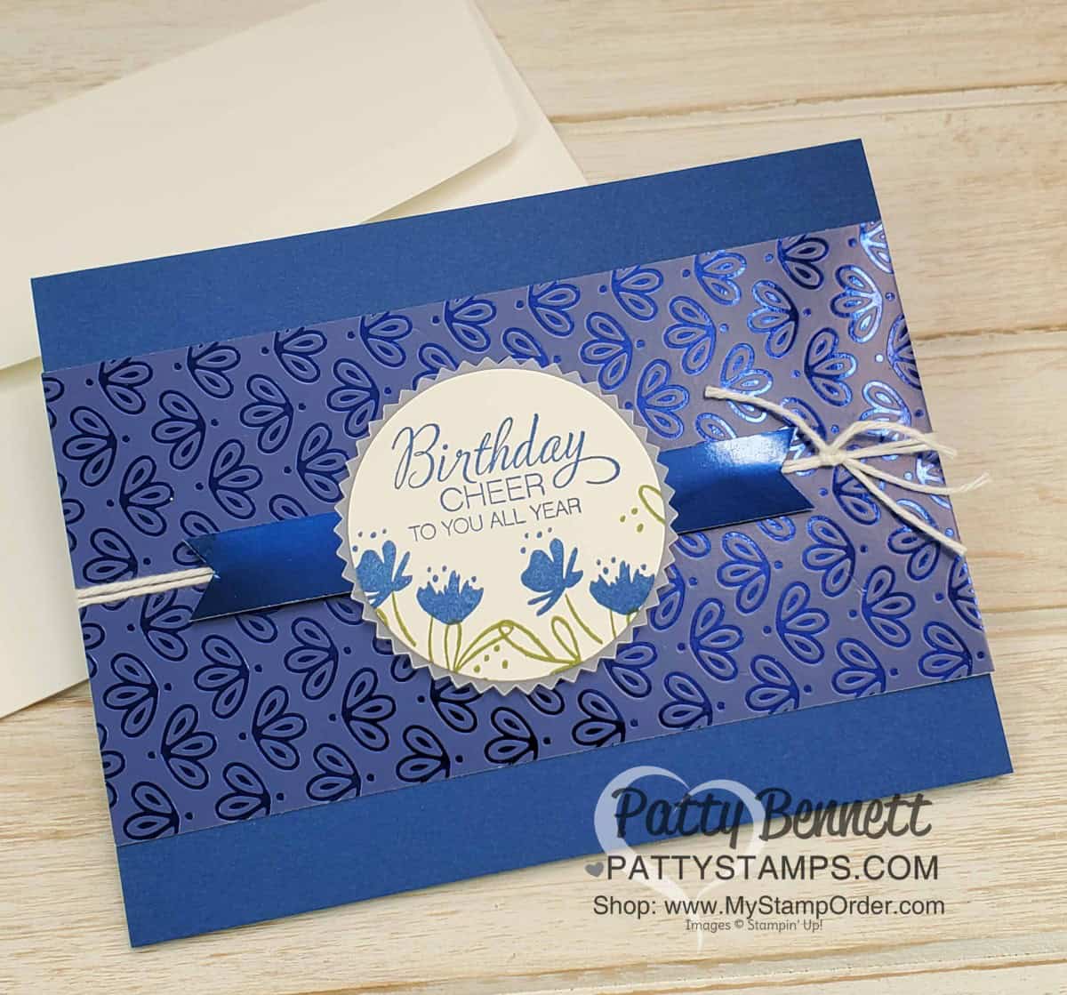 Stampin' Up! Noble Peacock specialty foil designer paper birthday card idea featuring the Delightful Day stamp set. www.PattyStamps.com