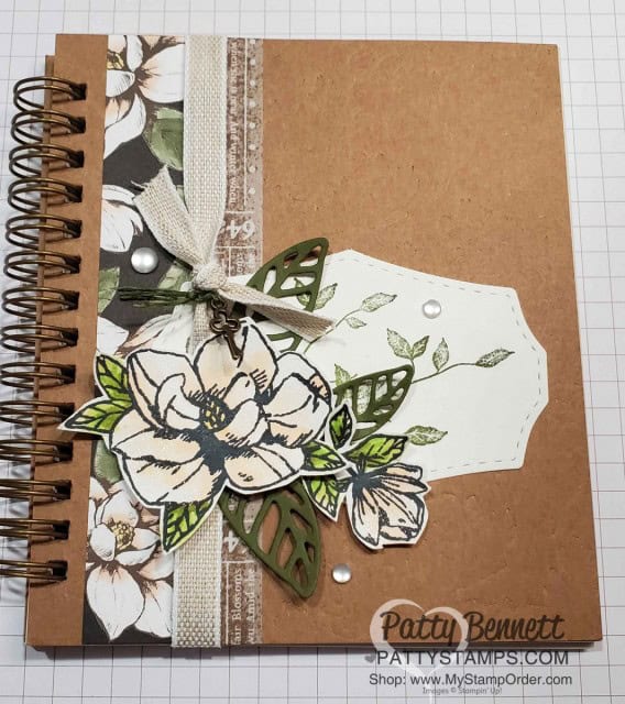 Stampin' UP! Pressed Petals Gratitude Journal cover idea - Luv 2 Stamp Group event June 2019 by Patty Bennett. Magnolia Lane Suite accessories. www.PattyStamps.com