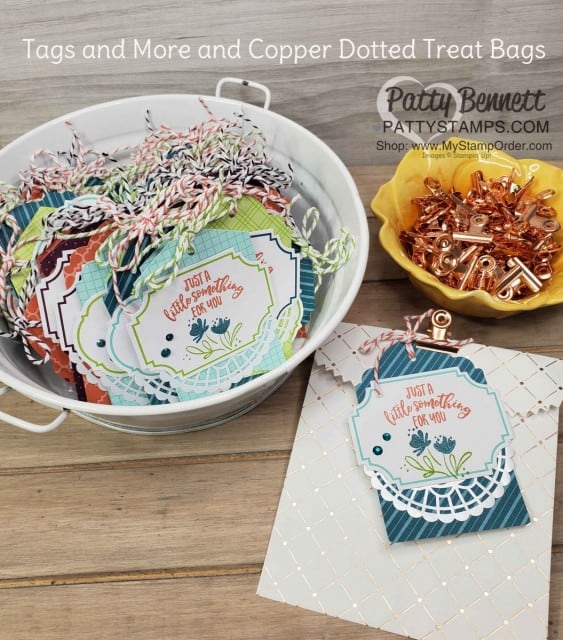 Tags and More accessory kits with Copper Dotted Treat Bags. Prize Patrol for the Luv 2 Stamp Group New Stampin' UP! catalog event, June 2019. www.PattyStamps.com