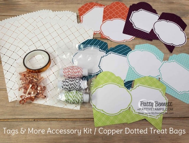 Tags and More accessory kits with Copper Dotted Treat Bags. Prize Patrol for the Luv 2 Stamp Group New Stampin' UP! catalog event, June 2019. www.PattyStamps.com